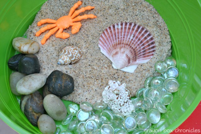 Sand Dough Beach Sensory Bin @ Crayon Box Chronicles 