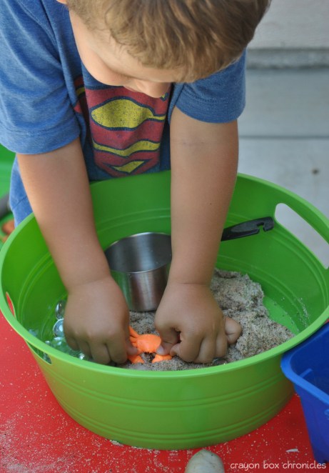 Sand Dough Beach Sensory Bin @ Crayon Box Chronicles 