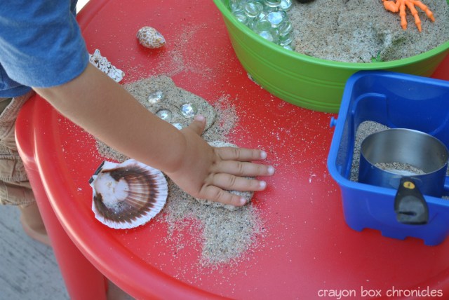 Sand Dough Beach Sensory Bin @ Crayon Box Chronicles 