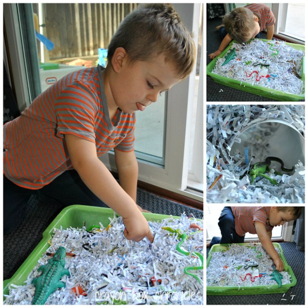 Reptile Shredded Paper Sensory Bin by Crayon Box Chronicles